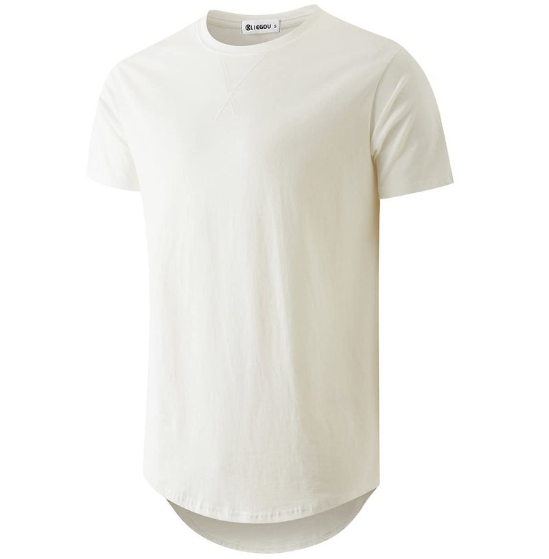 KLIEGOU Mens 100% Cotton Hipster Hip Hop Longline Crewneck T-Shirt White M(66) - Image 1